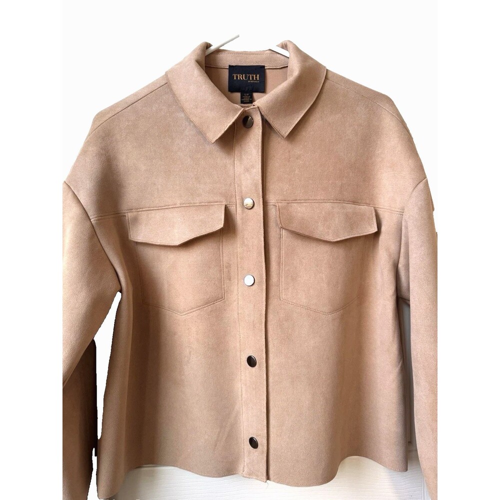 Truth by Republic Jacket Woman Vegan Leather Suede Beige Snap NEW Sz L *** - Picture 2 of 7